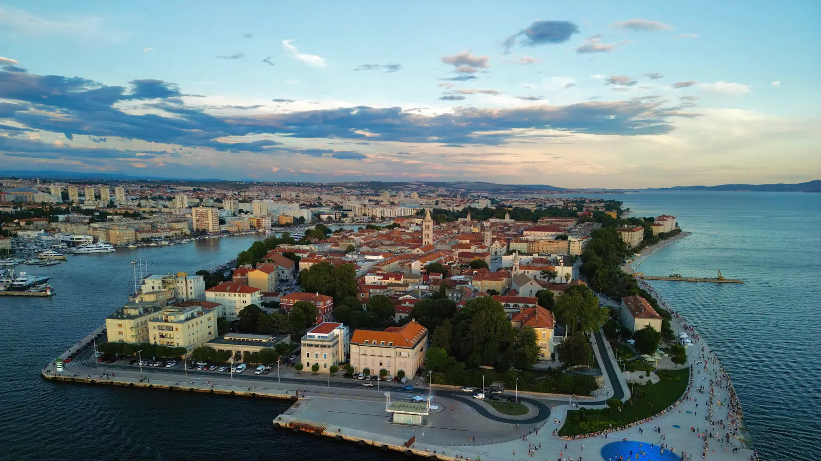 The Zadar peninsula from the air in the evening