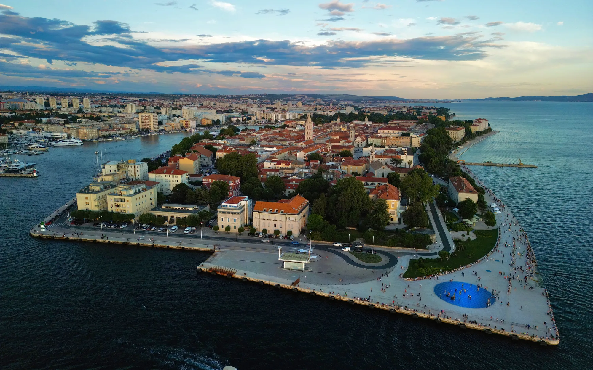 The Zadar peninsula from the air at dusk
