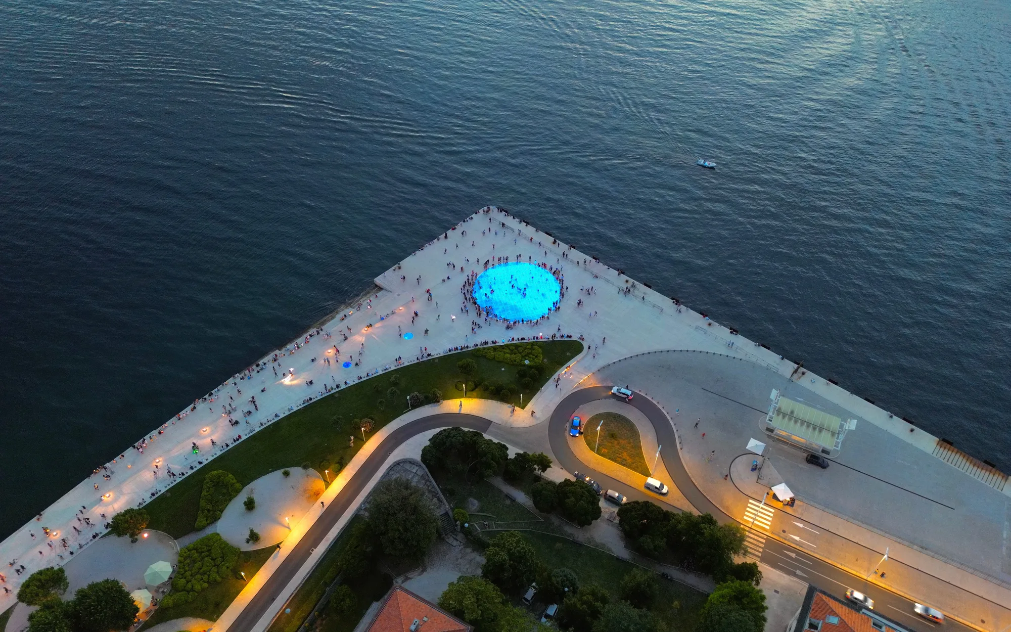 The Zadar waterfront at dusk with the sea beyond